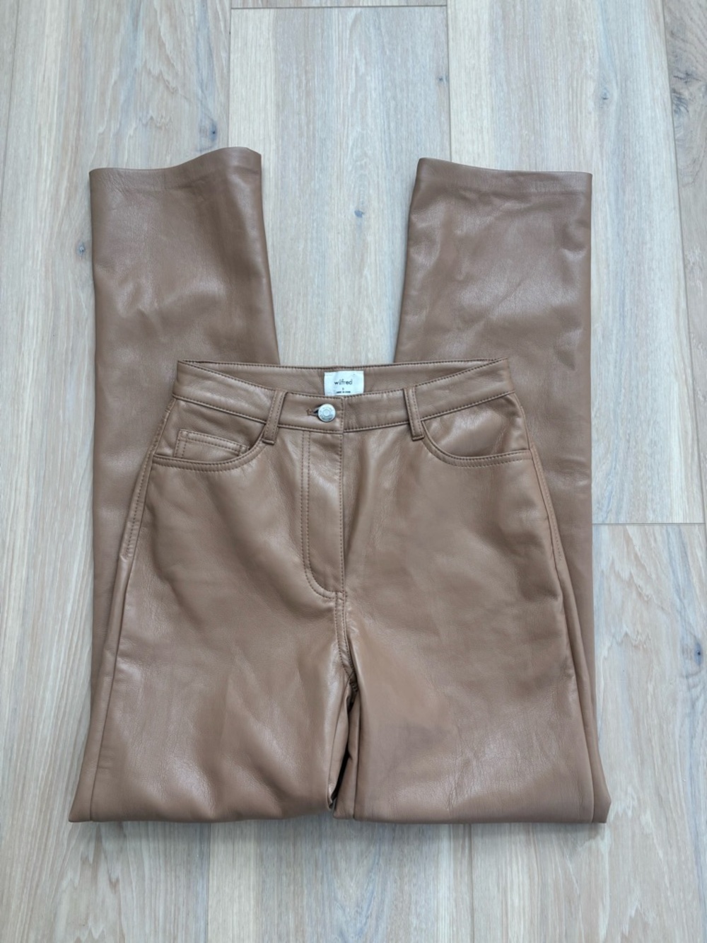 Wilfred Aritzia Faux Leather Pants Tan Straight Leg High Rise